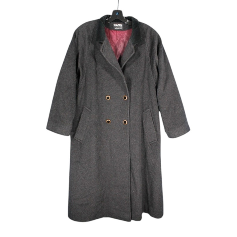 Vtg Karen Lined WOOL CASHMERE Blend Button-Up OVERCOAT Long Black Jacket Sz P-L